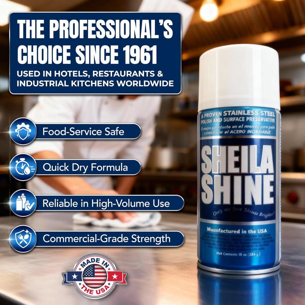 Product image shows fingerprint resistance on metal surfaces with Sheila Shine.