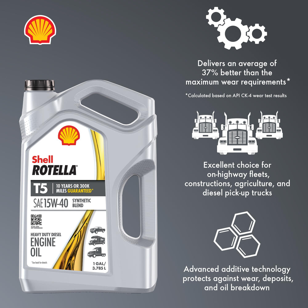 Shell Rotella T5 15W-40 in engine bay built for high-heat duty.