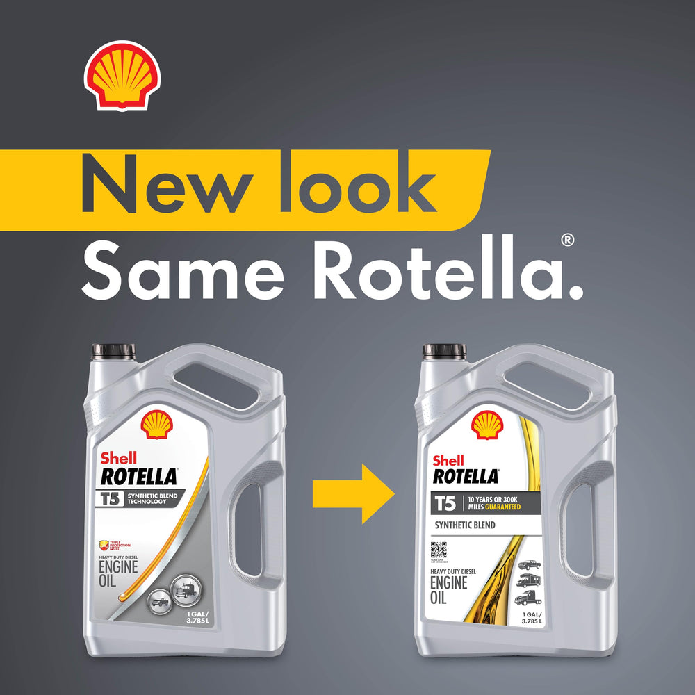 Shiny Shell Rotella T5 15W-40 bottle highlighting piston deposit protection.