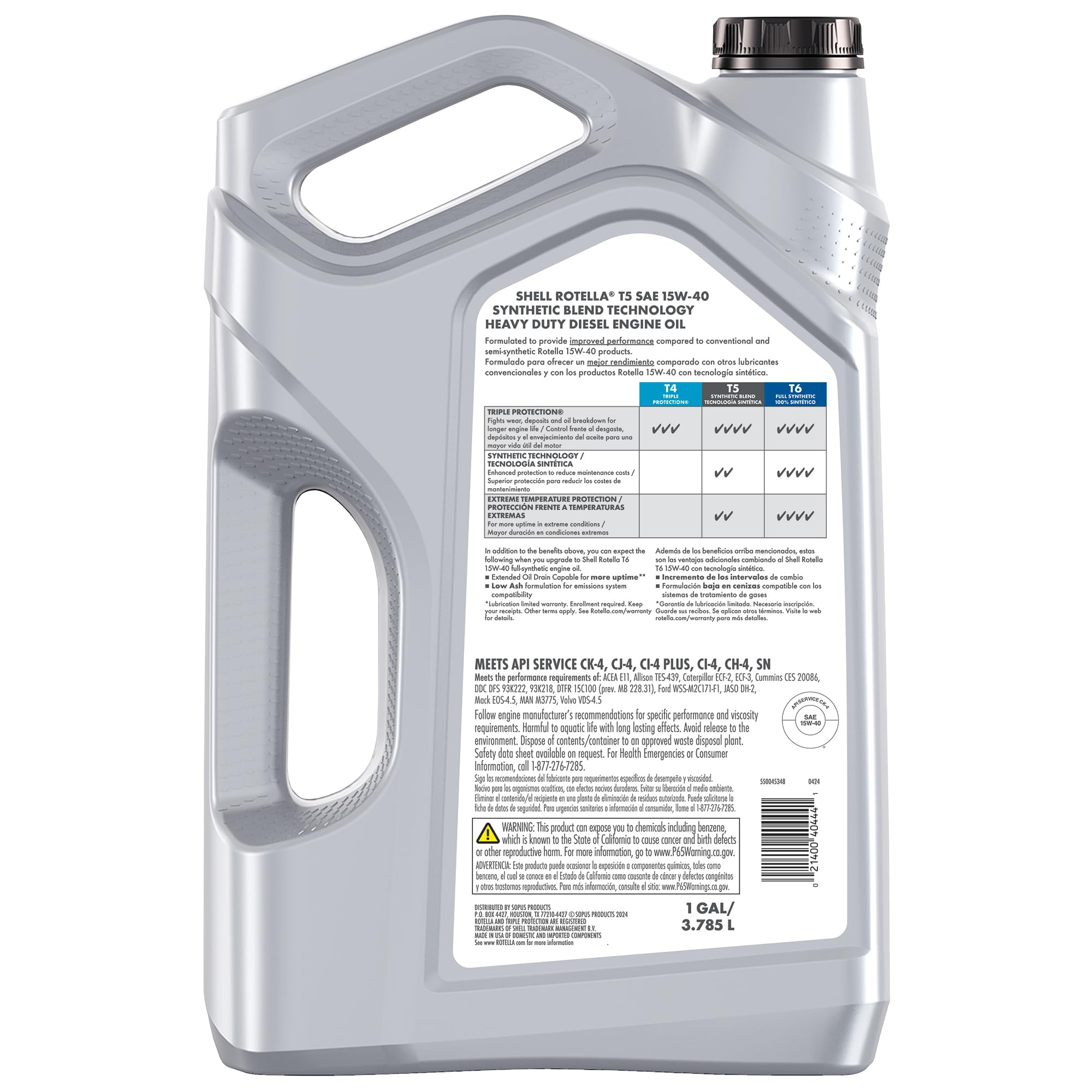 Close-up of Shell Rotella T5 15W-40 label with broad approvals.
