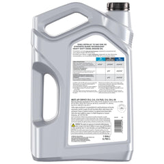 Close-up of Shell Rotella T5 15W-40 label with broad approvals.
