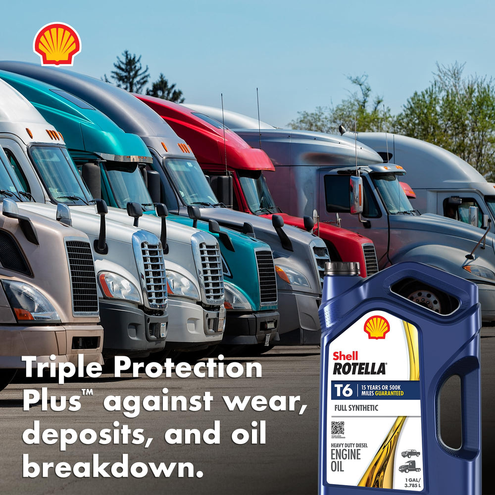 Shell Rotella T6 10W-30 1-gallon jug ready for transport and use.