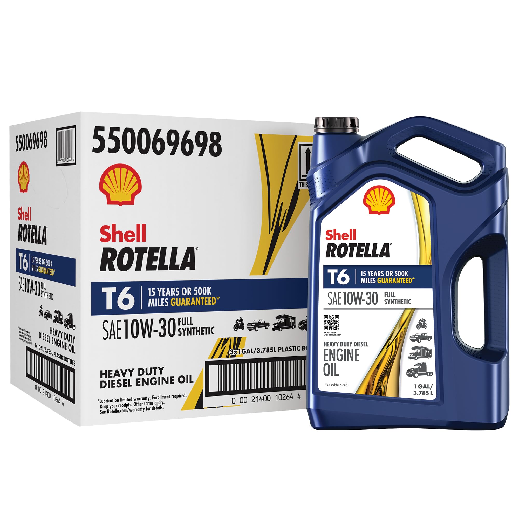 Shell Rotella T6 10W-30 bottle with full synthetic protection for heavy-duty engines.