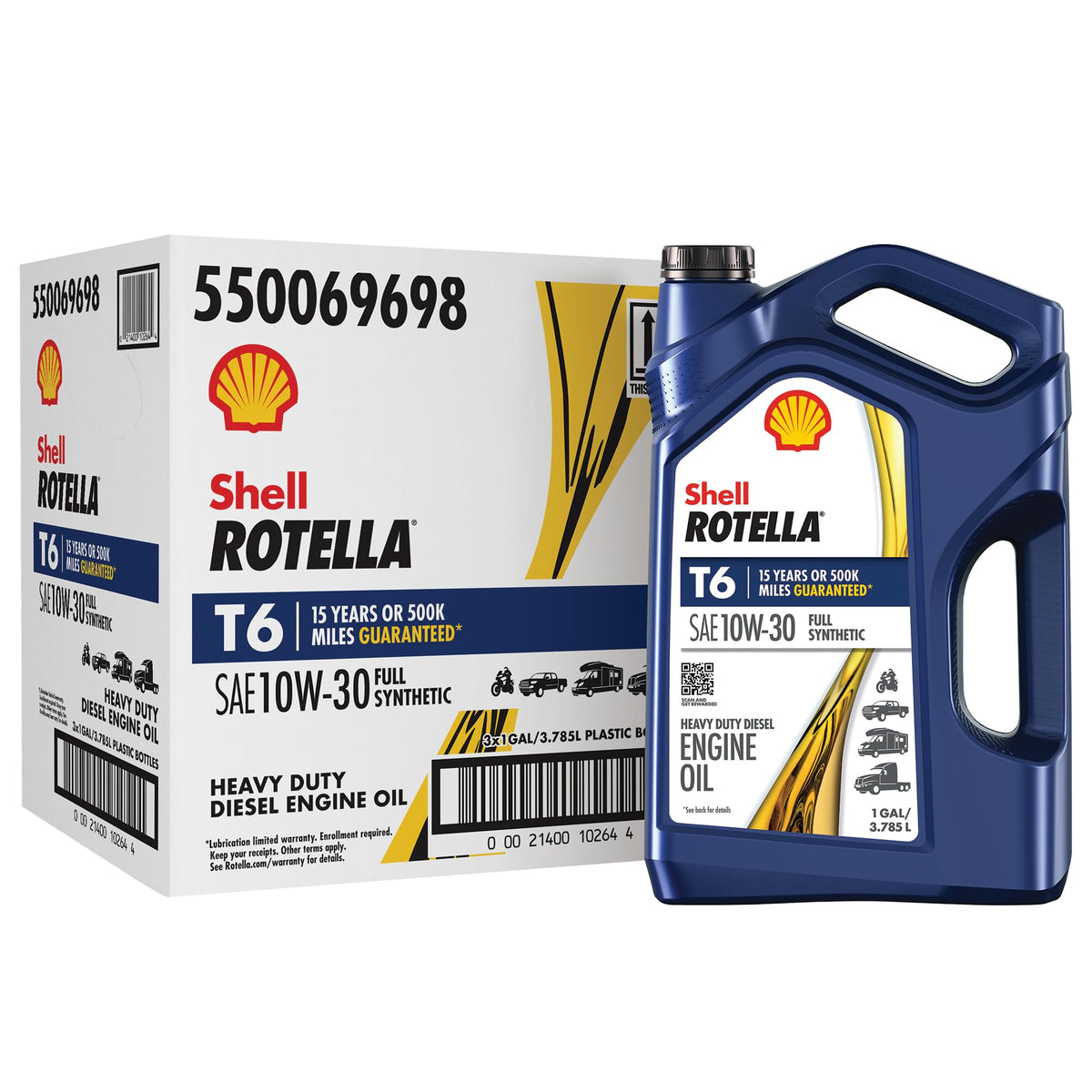Shell Rotella T6 10W-30 bottle with full synthetic protection for heavy-duty engines.
