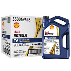 Shell Rotella T6 10W-30 bottle with full synthetic protection for heavy-duty engines.