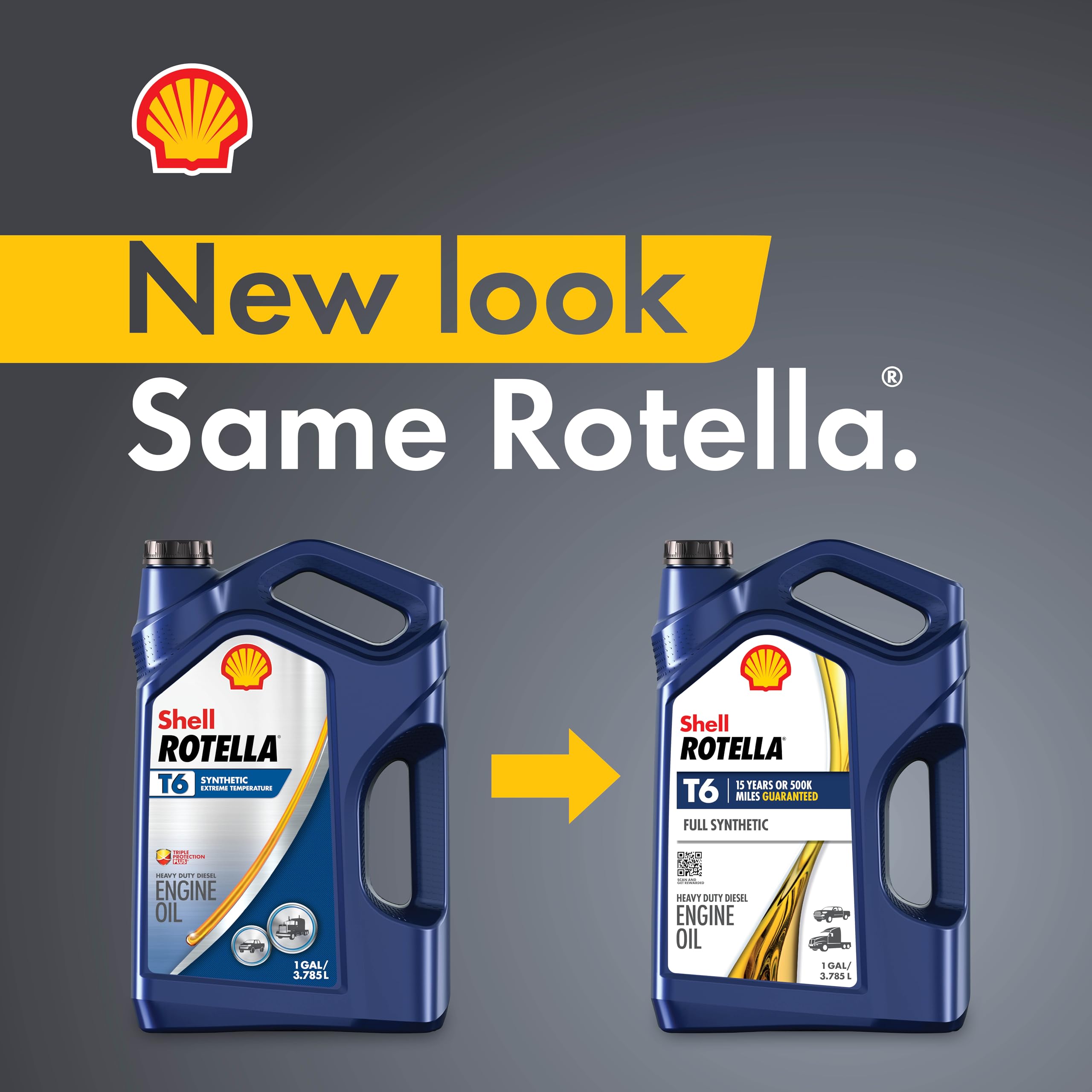 Shell Rotella T6 3-pack packaging for convenient fleet stocking.