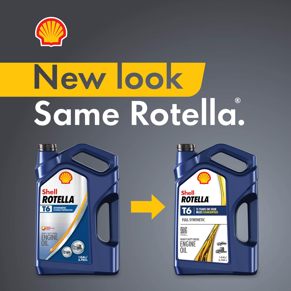Shell Rotella T6 3-pack packaging for convenient fleet stocking.