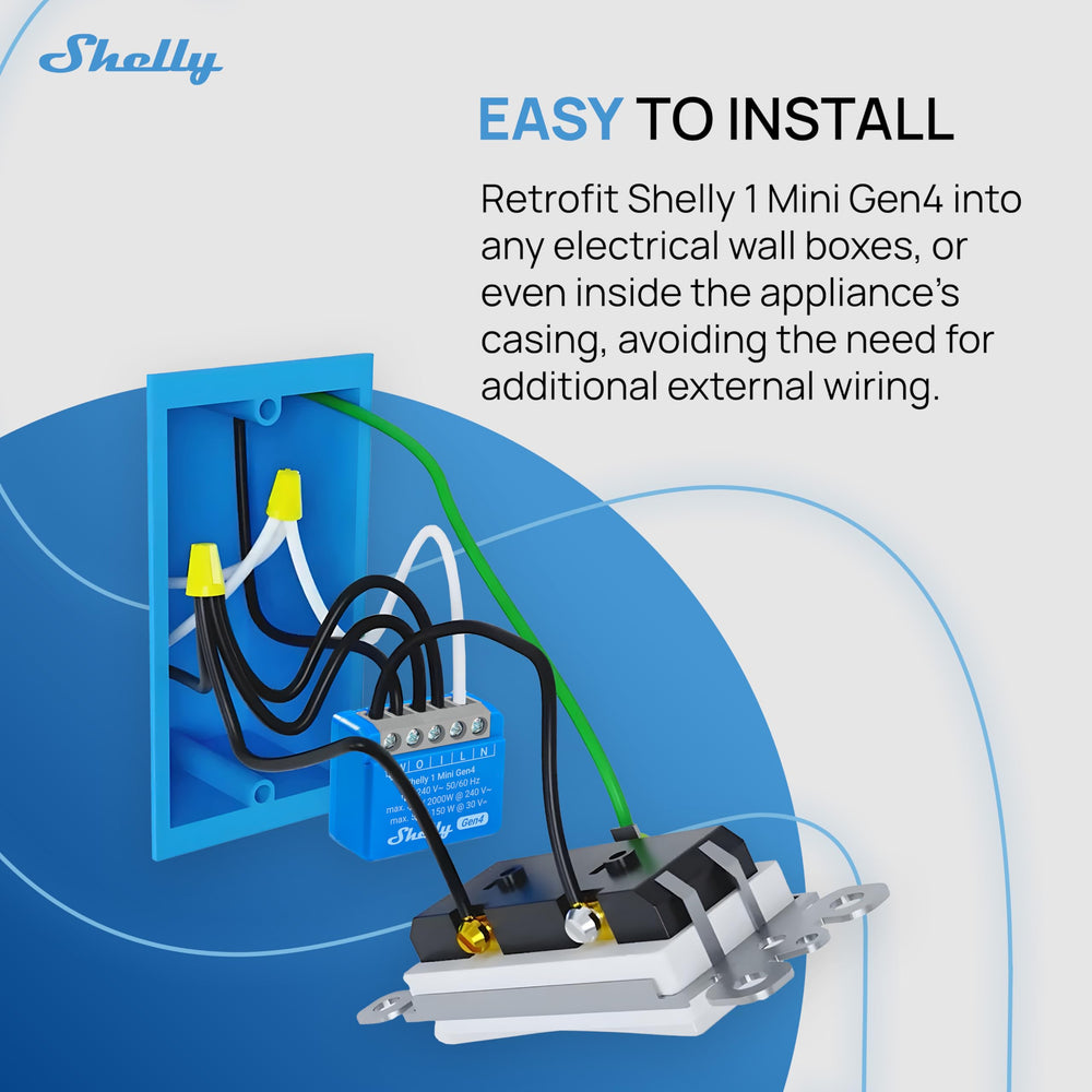 Shelly 1 Mini Gen4 compact form factor fits behind switches
