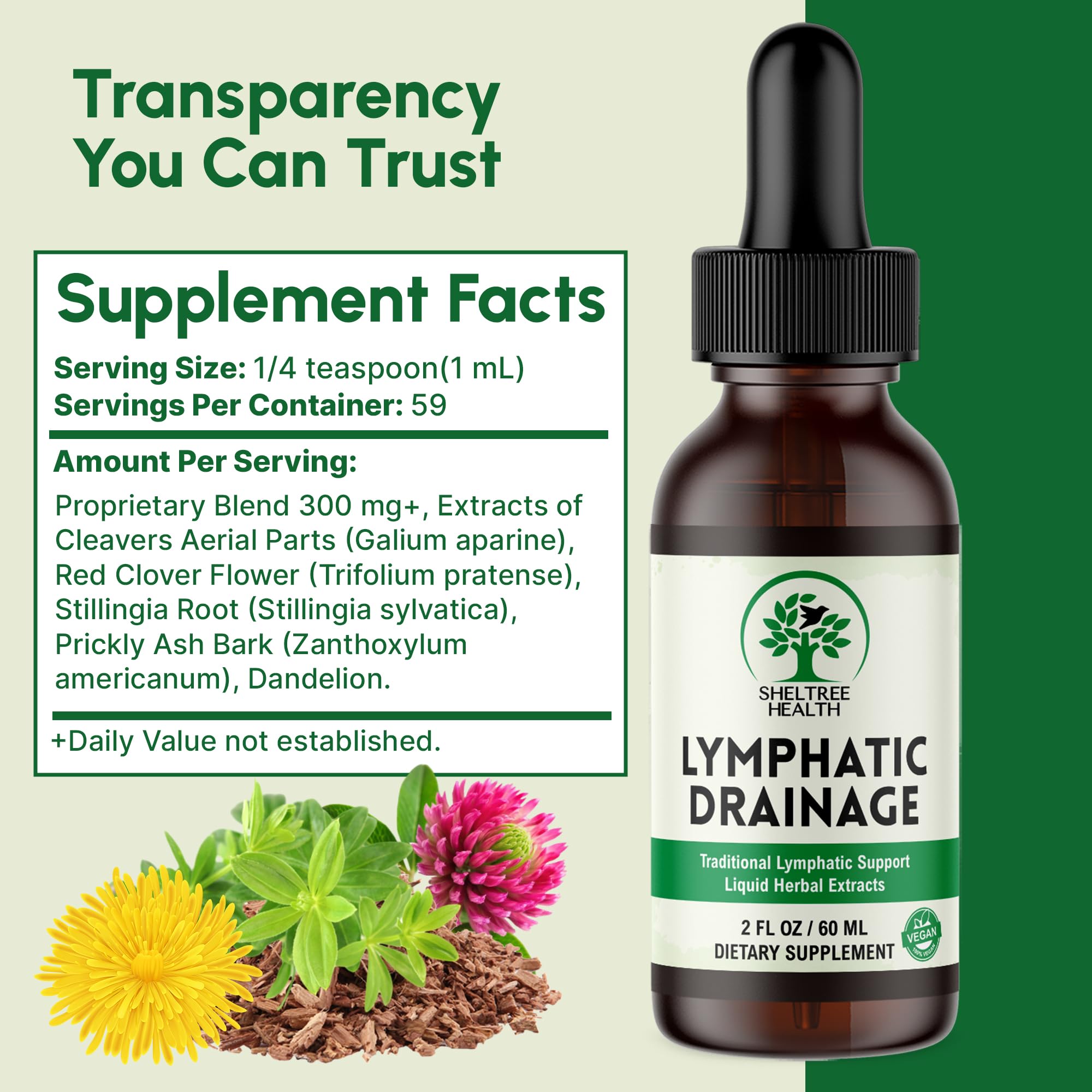 SHELTREE HEALTH label highlights vegan, non-GMO formulation.