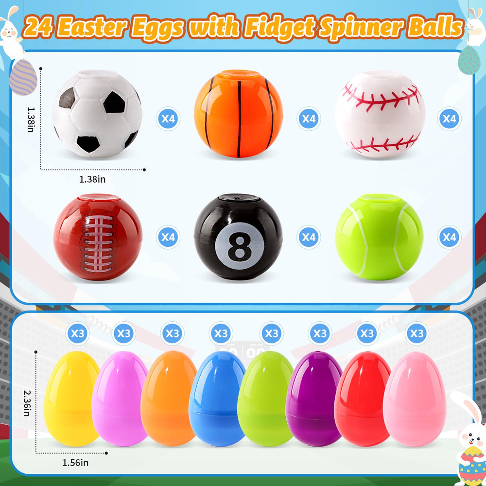 Prefilled eggs reveal smooth spinner balls, enhancing play during Easter egg hunts.