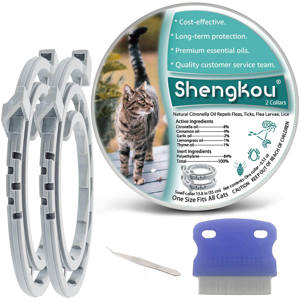 ShengKou flea collar on cat neck provides month-long protection with a natural formula.