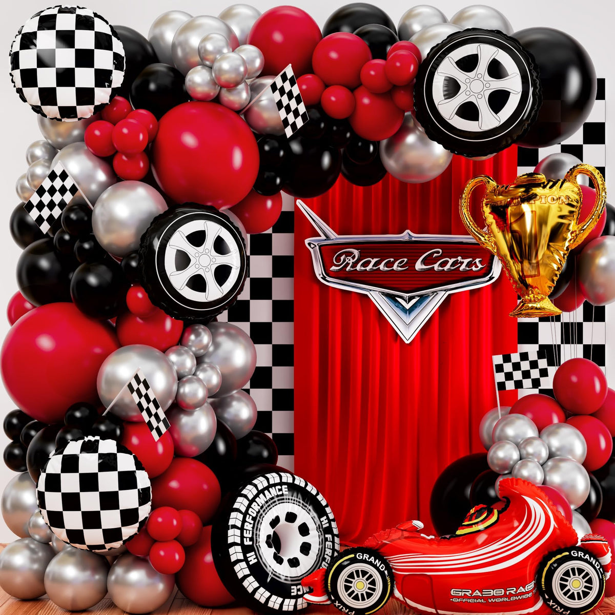 Sheryl Decor all-in-1 Race Car arch kit contents ready for instant party décor