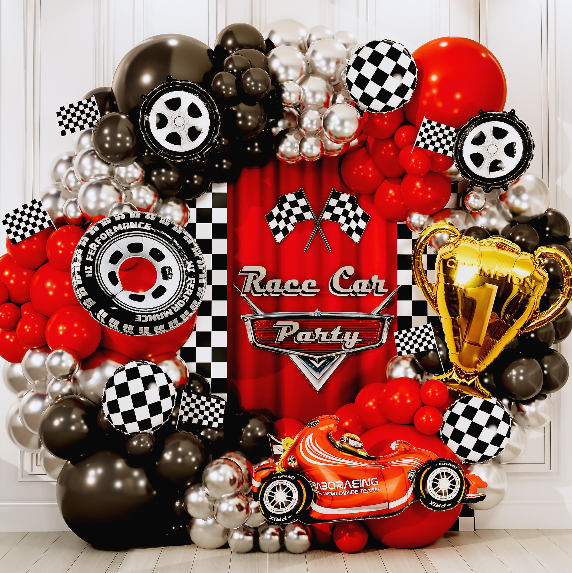 Sheryl Decor Cars party backdrop with trophy and race car accents