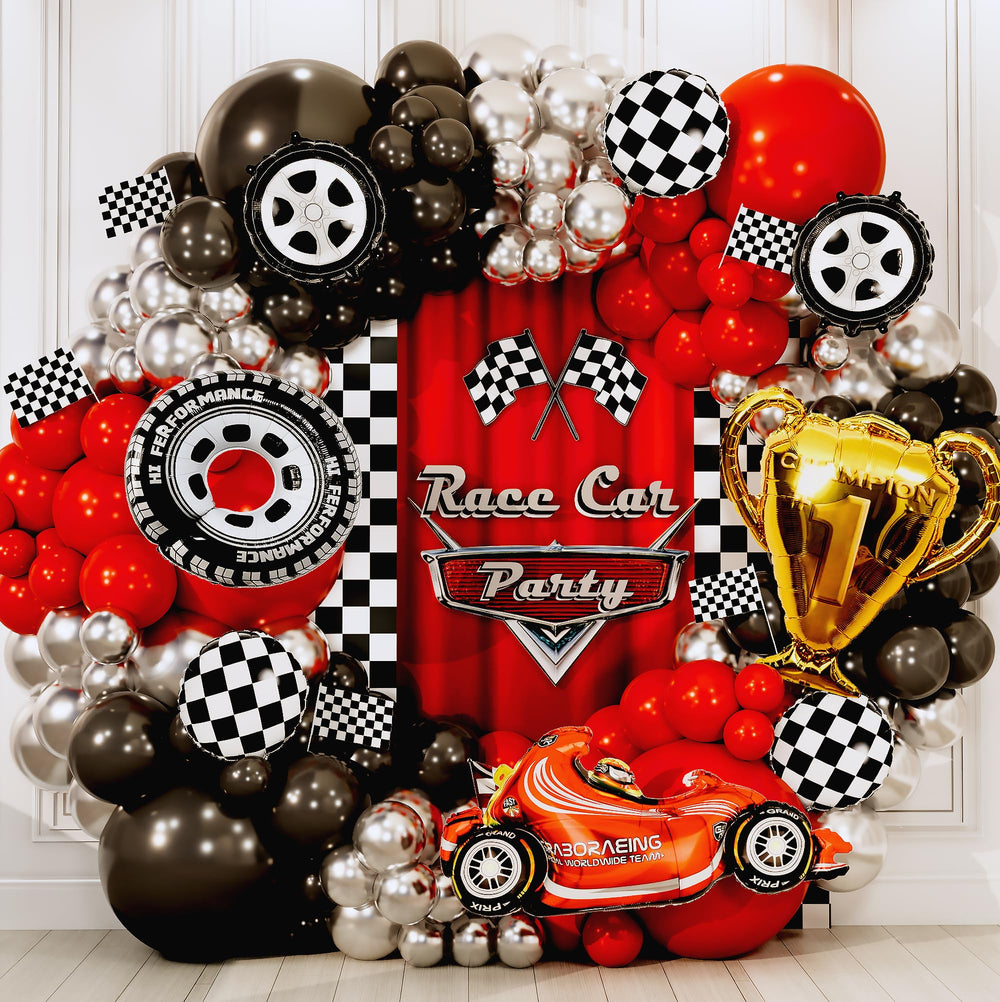 Sheryl Decor Cars party backdrop with trophy and race car accents