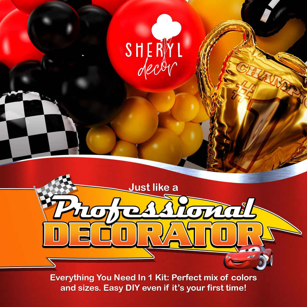 SHERYL DECOR Checkered balloons add race-themed accents to decor.
