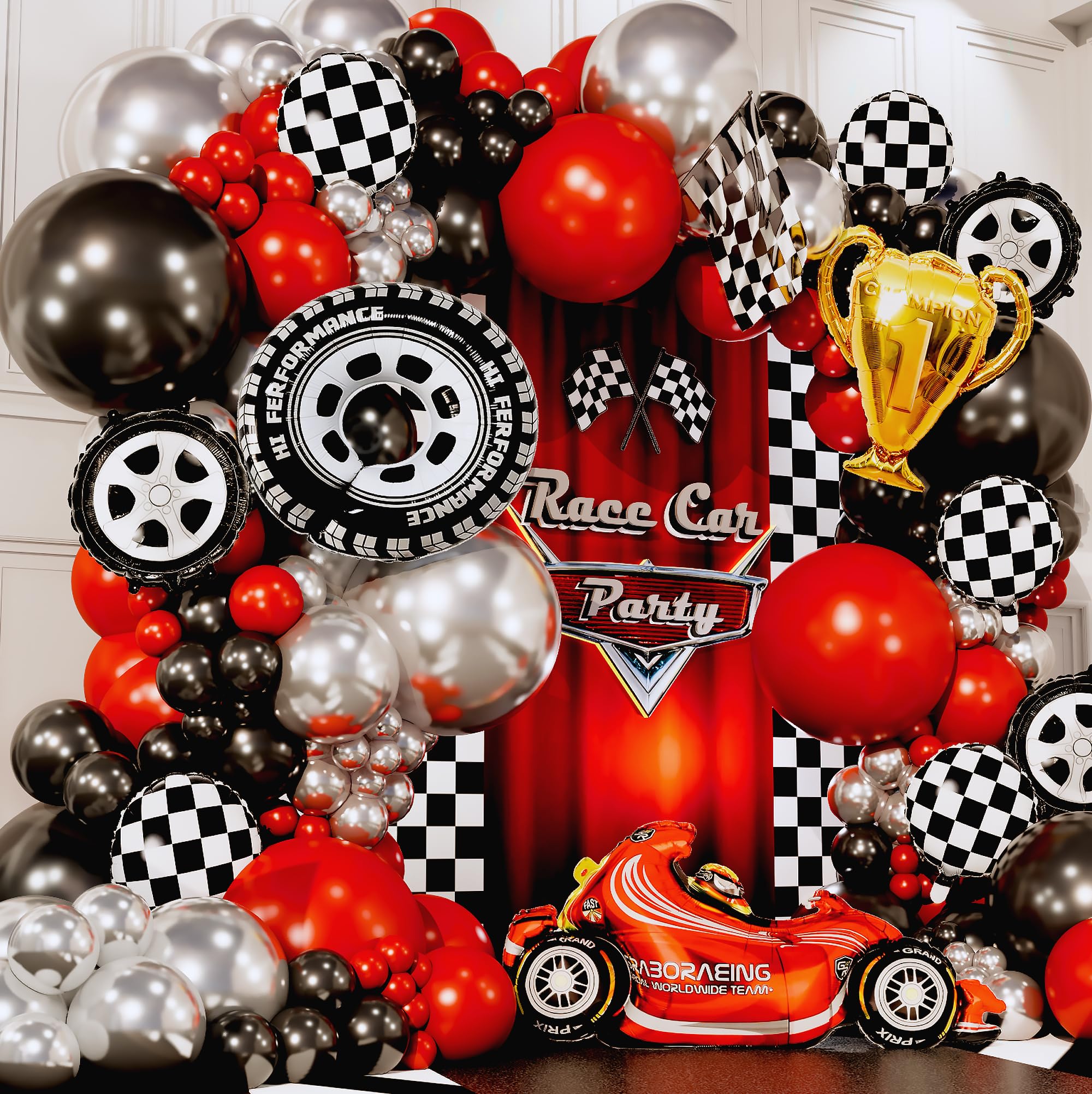 Sheryl Decor checkered balloons add race-day flair to the setup