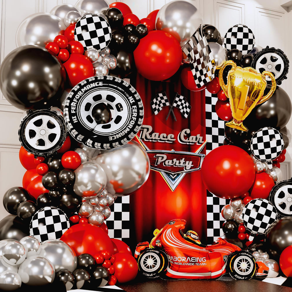 Sheryl Decor checkered balloons add race-day flair to the setup