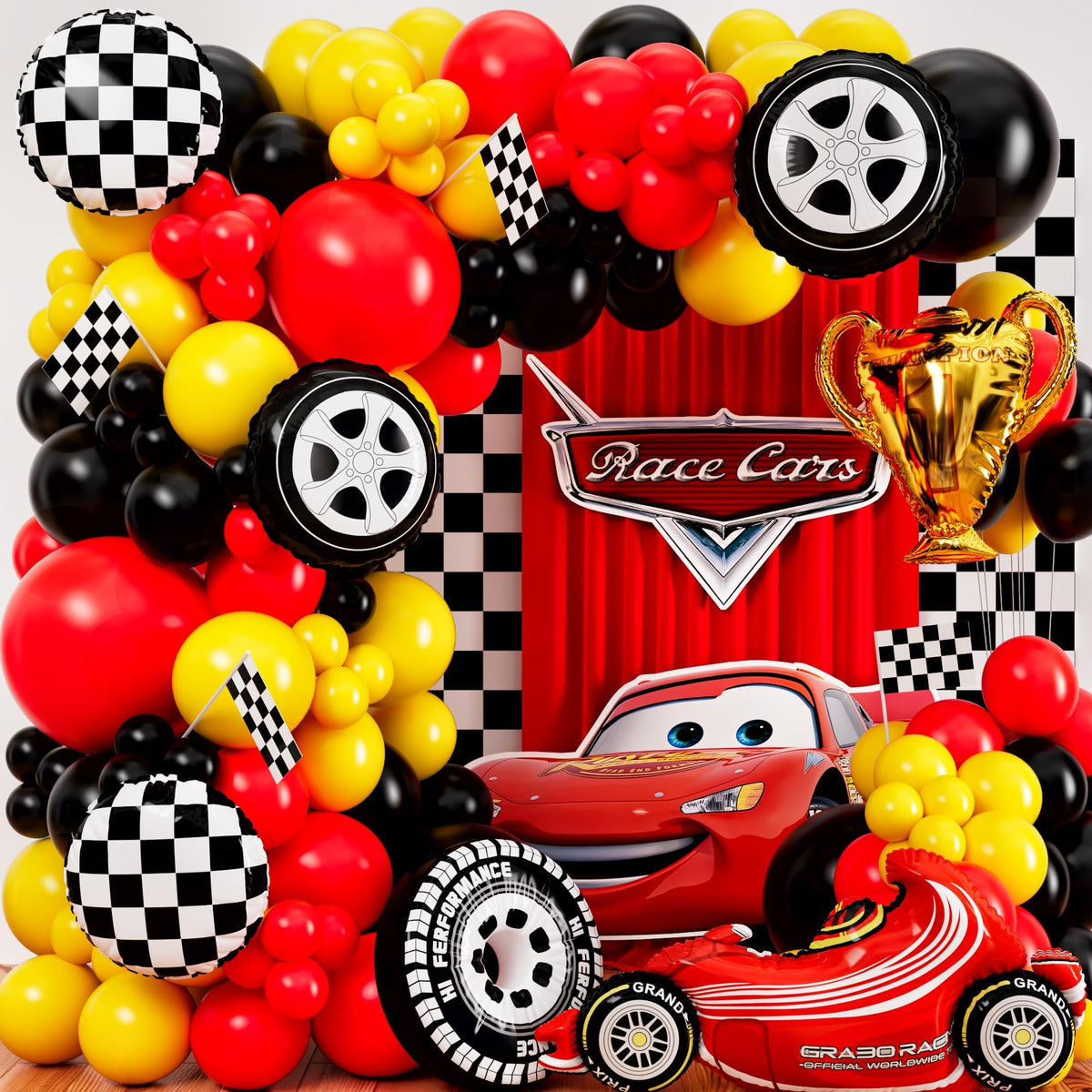 SHERYL DECOR Race Car Balloon Arch Kit creates a dramatic birthday centerpiece.