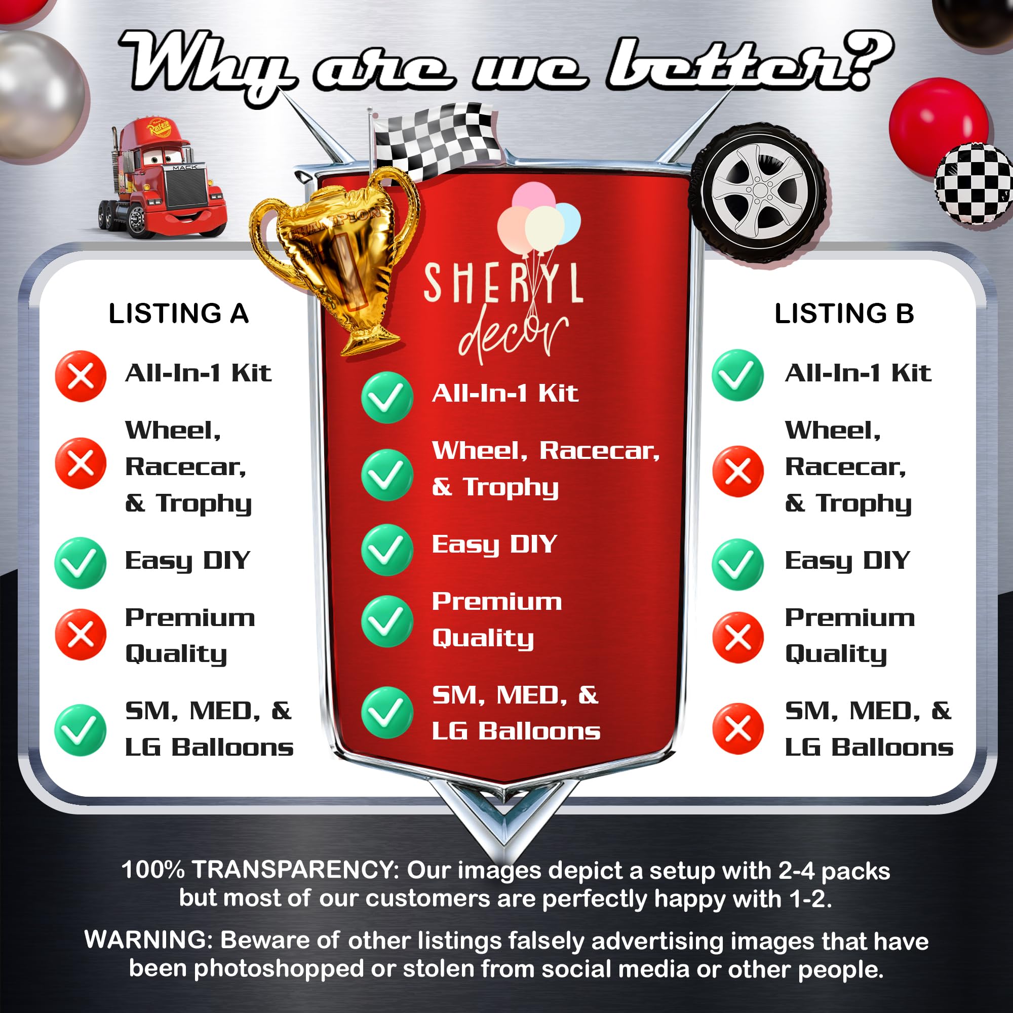 Sheryl Decor red black silver balloons show bold Cars theme colors