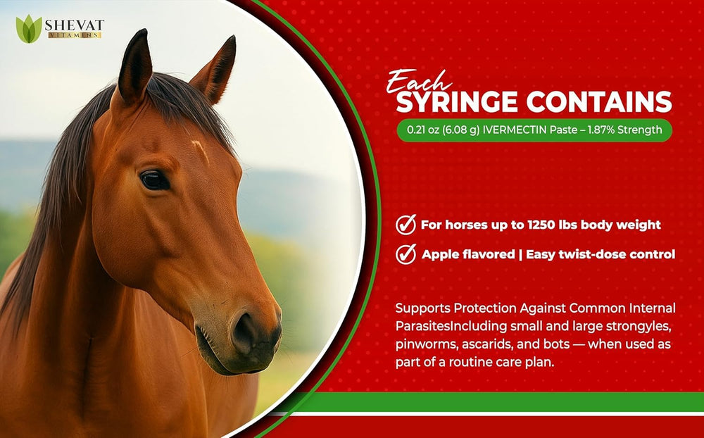 SHEVAT VITAMINS ivermectin horse paste weight-calibrated tube ready for horses up to 1250 lb.