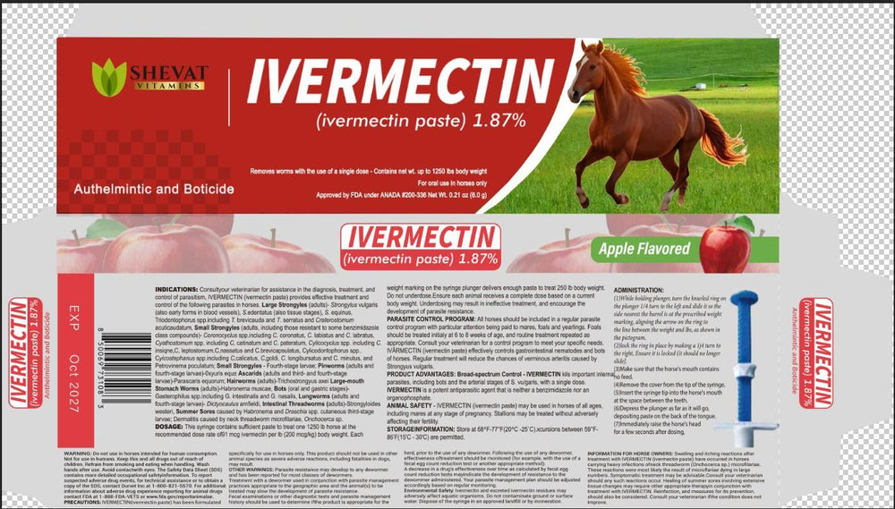 SHEVAT VITAMINS ivermectin horse paste apple flavored application on horse face
