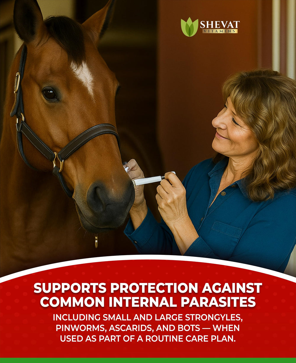 SHEVAT VITAMINS ivermectin horse paste apple flavored label closeup highlighting ingredients