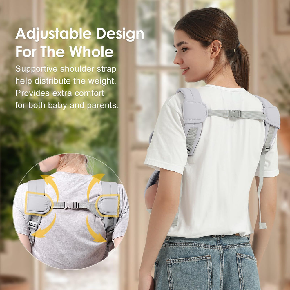 Shiaon baby carrier adjustable shoulder straps enhance all-day comfort.