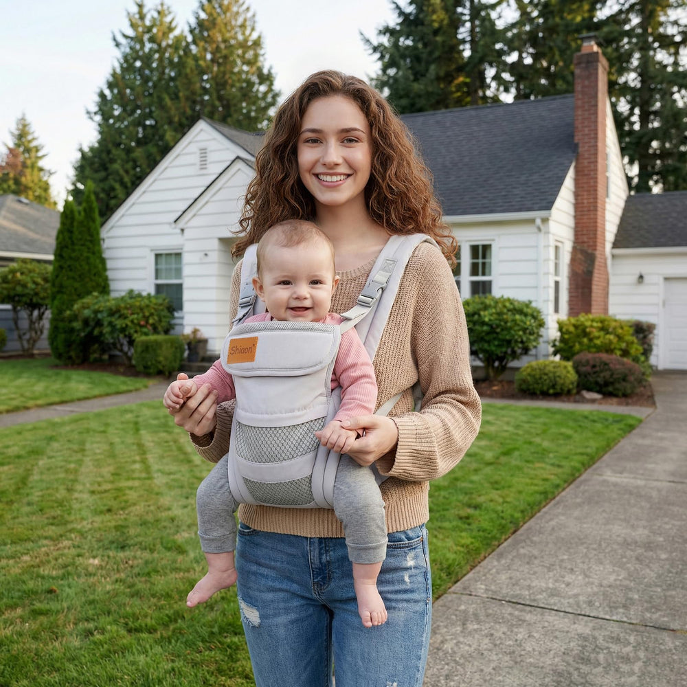Shiaon baby carrier easy-on-off design speeds errands.