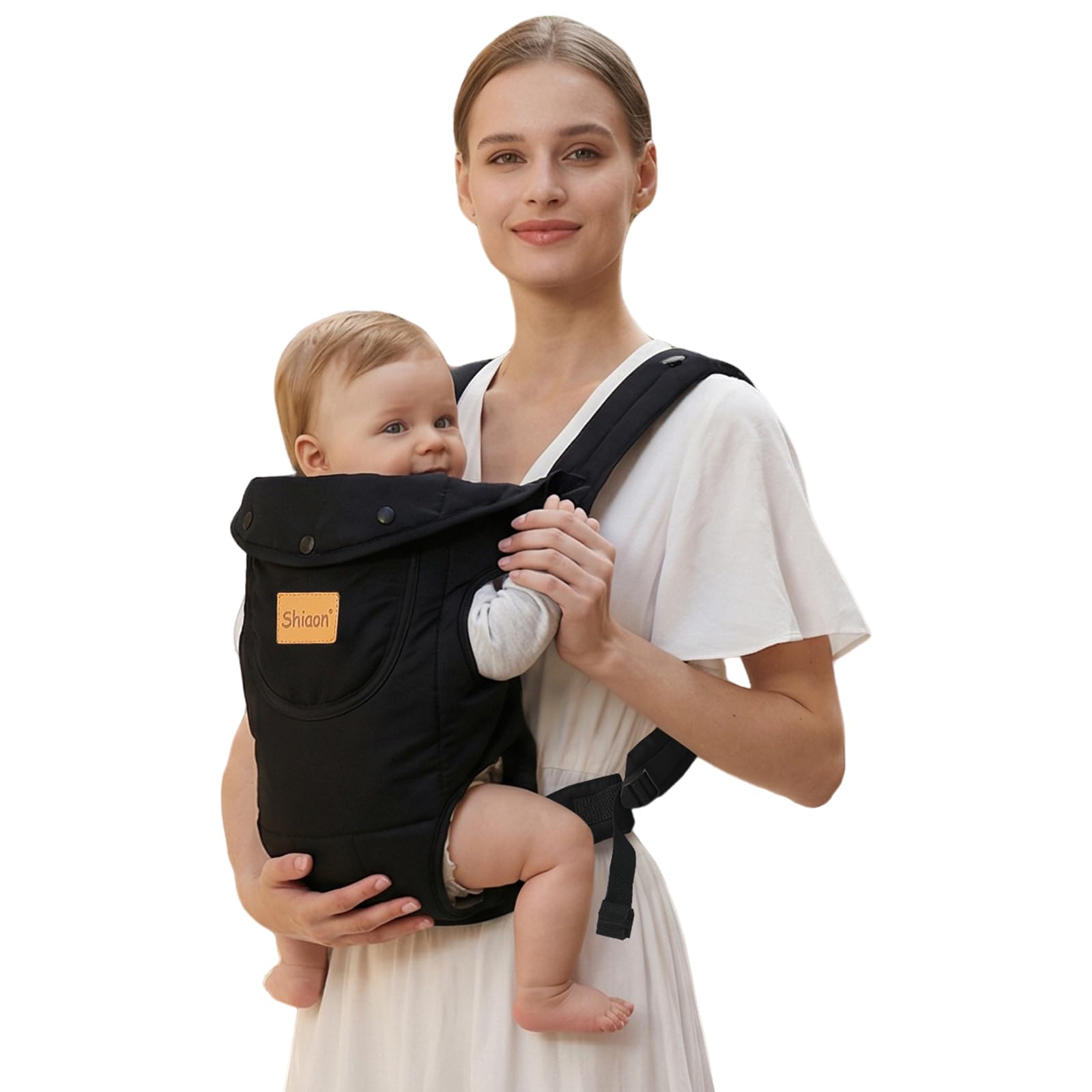 Shiaon baby carrier in black, front view, suitable for newborns and toddlers.