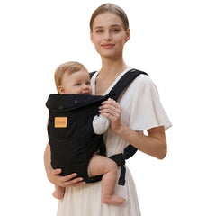 Shiaon baby carrier in black, front view, suitable for newborns and toddlers.