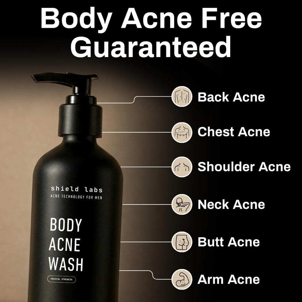 Shield Men's Acne Body Wash bottle pour demonstrates easy daily cleansing.