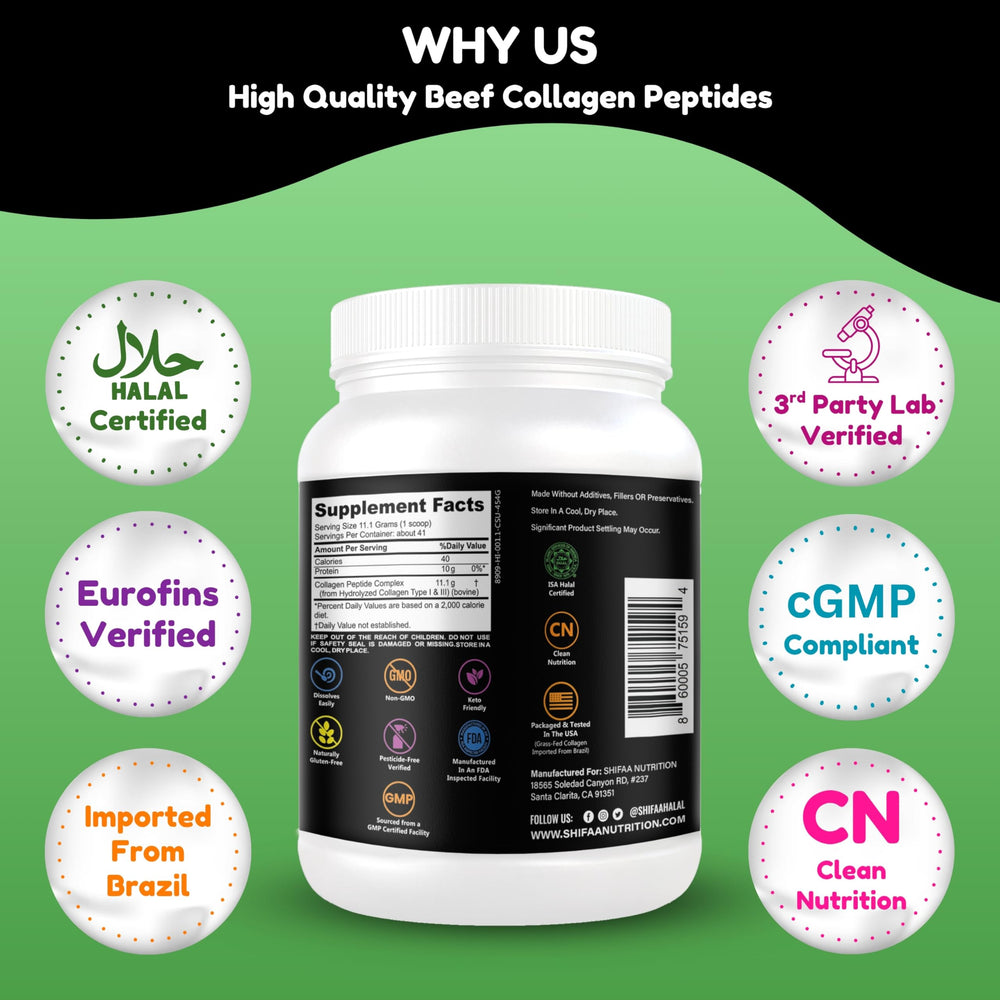 SHIFAA NUTRITION close-up bottle label emphasizes ingredients and purity.
