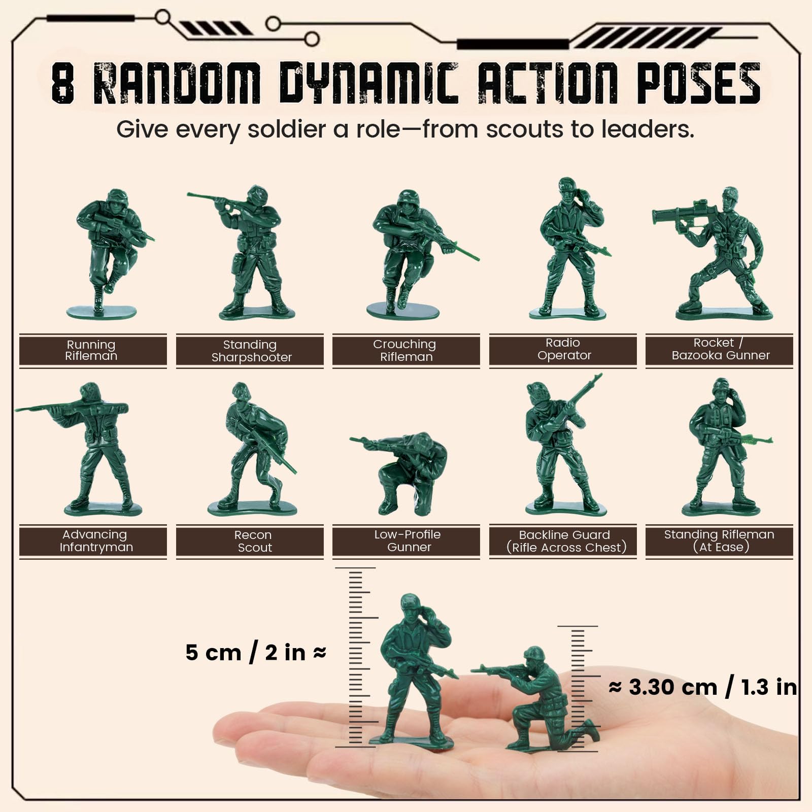 Shindel Army Men two-inch figures in green and tan, easy for small hands to maneuver.