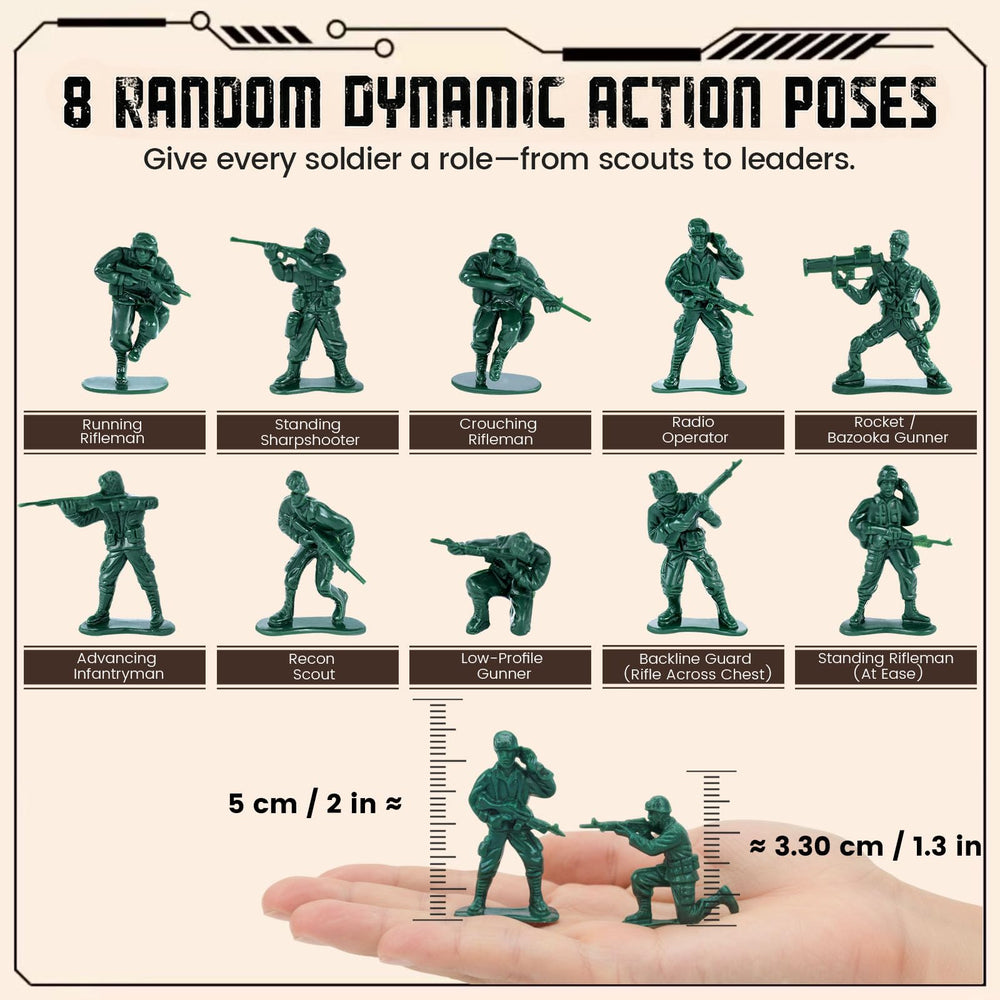 Shindel Army Men two-inch figures in green and tan, easy for small hands to maneuver.