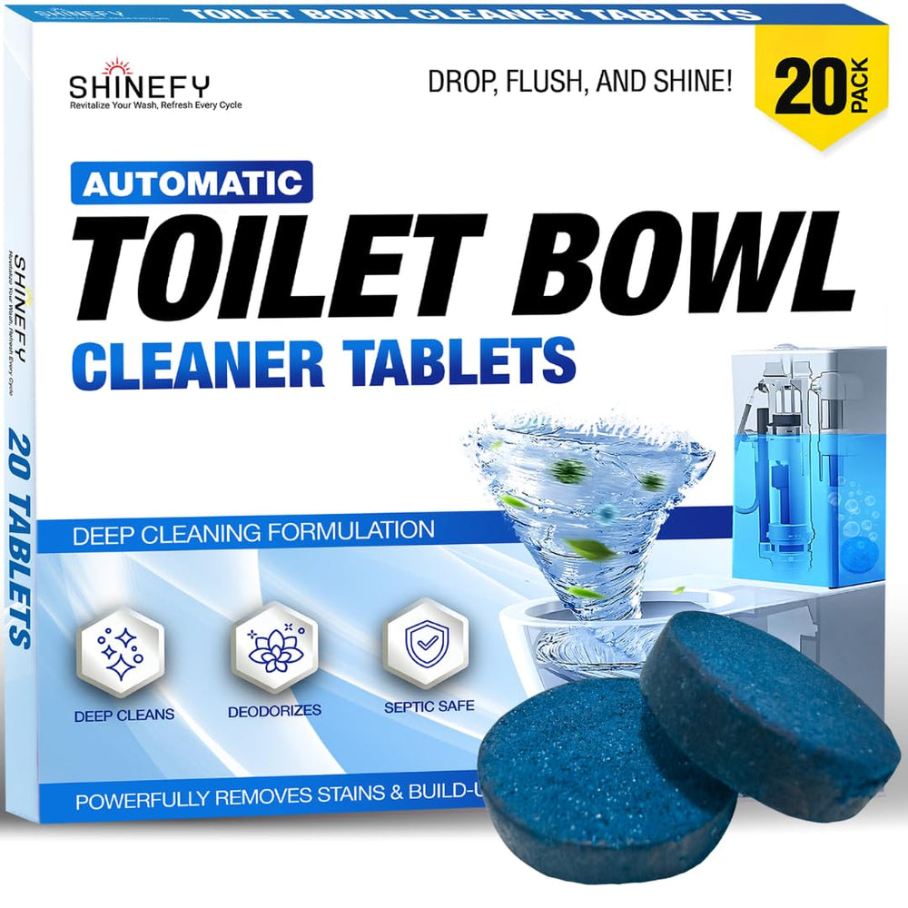 Shinefy automatic toilet cleaner tablet with blue gel keeps the bowl clean after every flush.