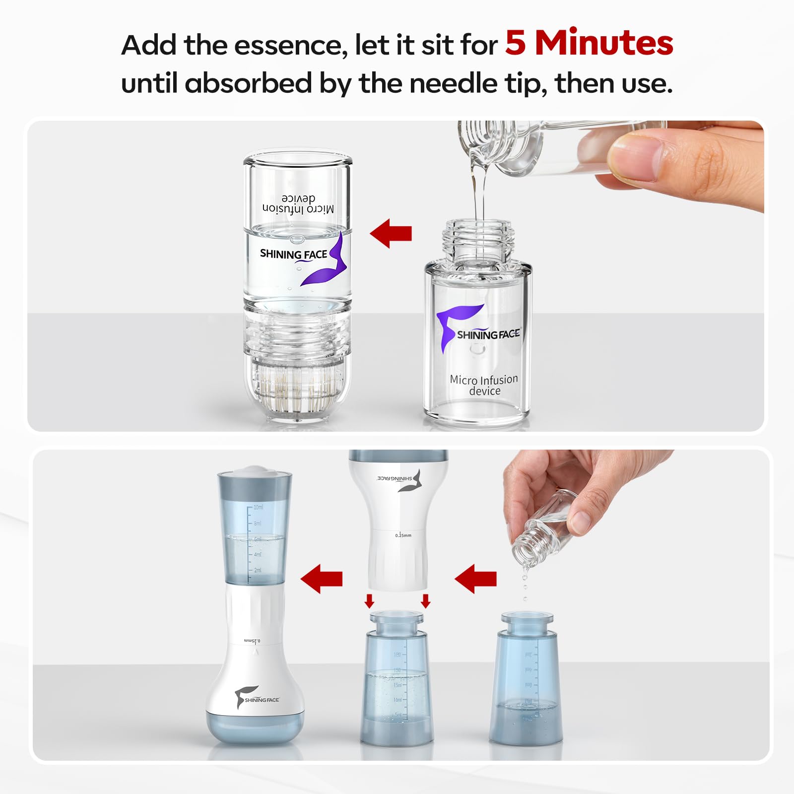 Shining Face peptide-serum-bottles-closeup shows hydrating formula for plump skin.