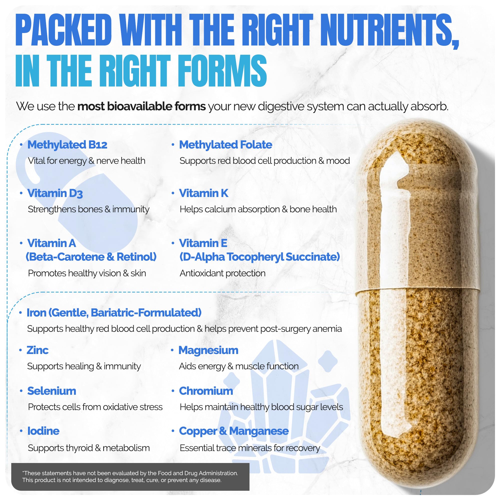 Shiny Leaf ASMBS compliant bottle emphasizes complete nutrient coverage.