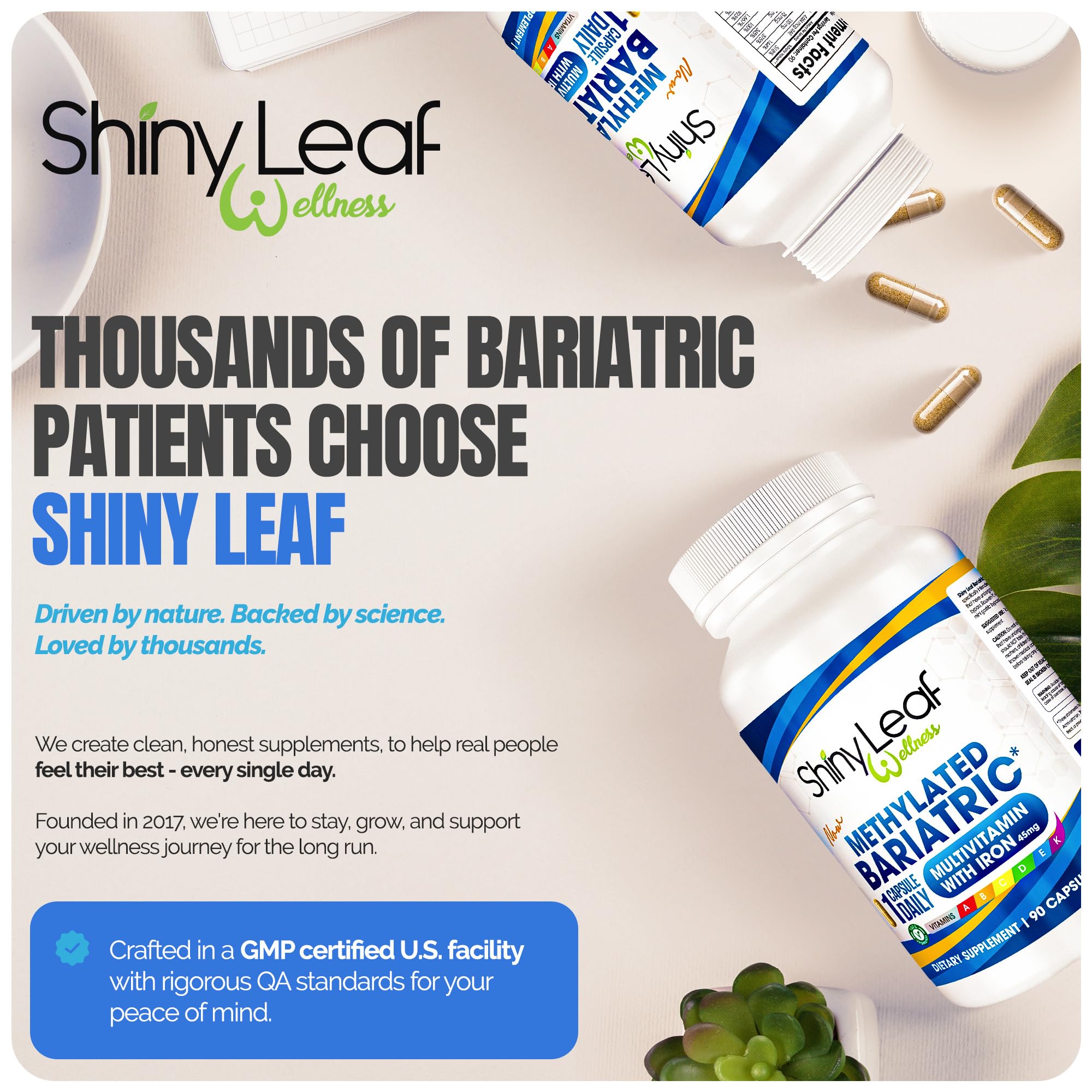 Shiny Leaf bottle with seal hints US-made manufacturing quality.