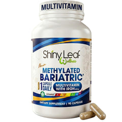 Shiny Leaf bariatric multivitamin bottle with iron for daily energy support.