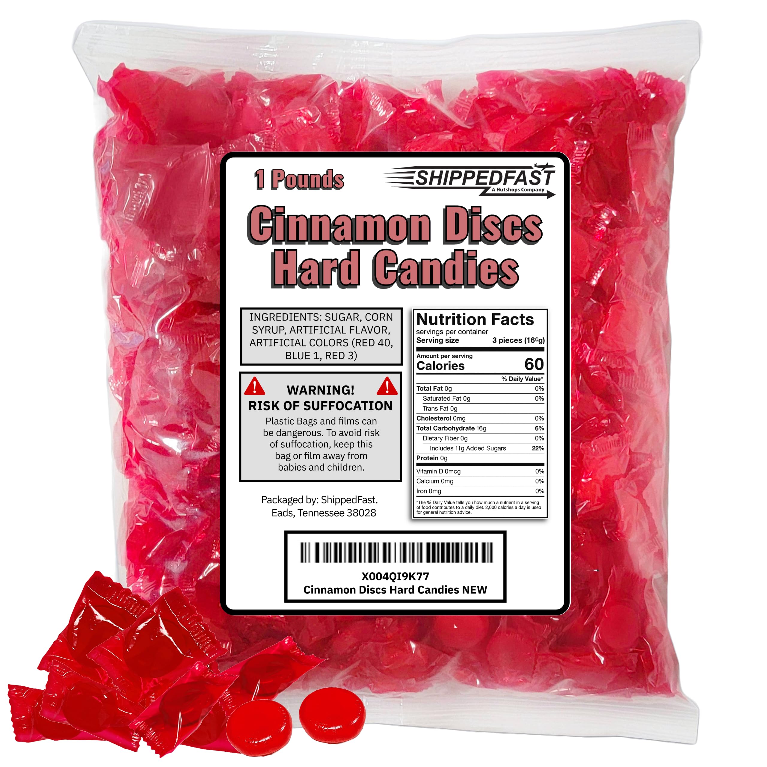 Shippedfast Cinnamon Discs in a 1 lb bag, individually wrapped for sharing.