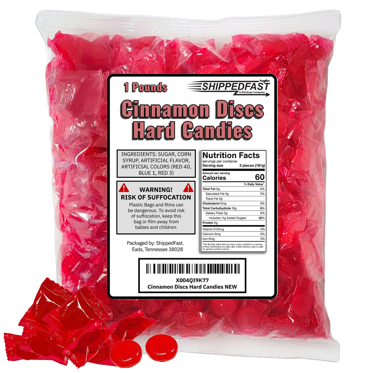 Shippedfast Cinnamon Discs in a 1 lb bag, individually wrapped for sharing.