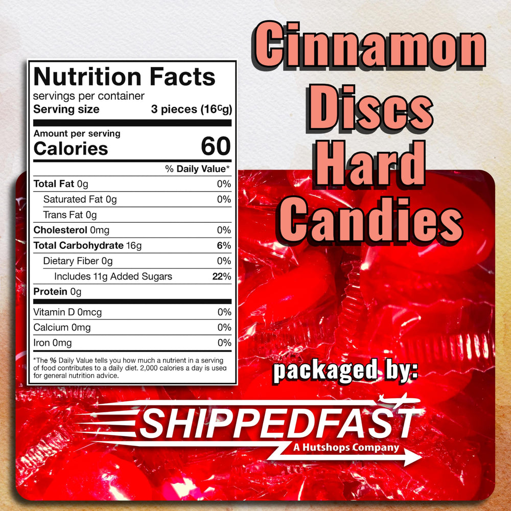Shippedfast Cinnamon Discs packaging shown for bulk candy shoppers.