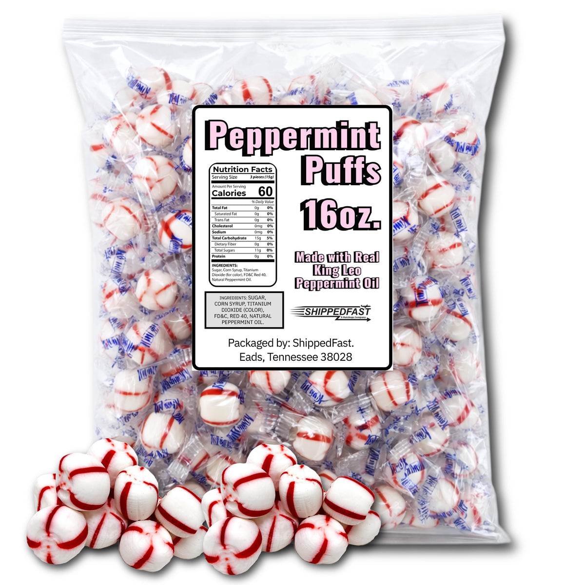 Shippedfast Soft Peppermint Puff King Leo packaging front for premium mint snacking