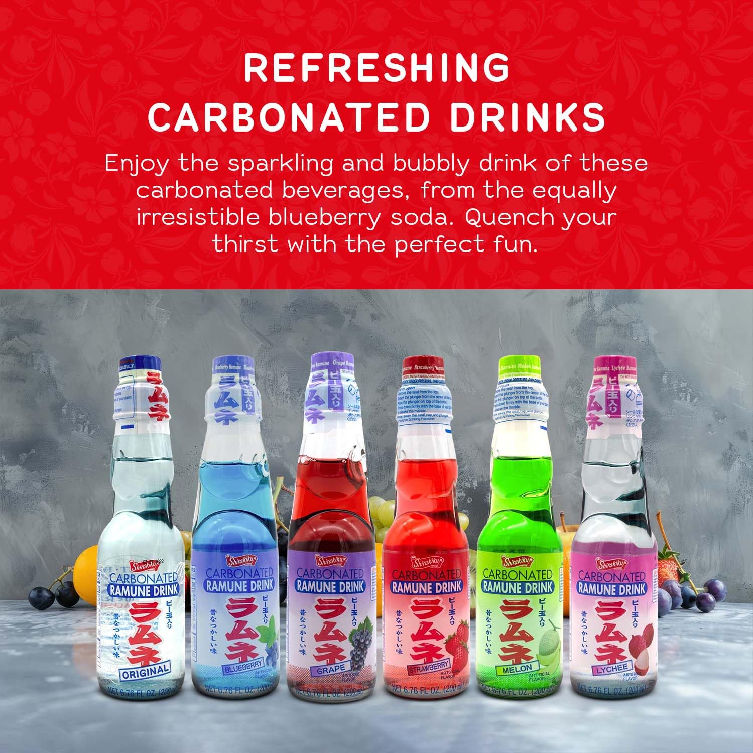 Shirakiku Ramune fizz close-up shows lively bubbles and bright flavors.