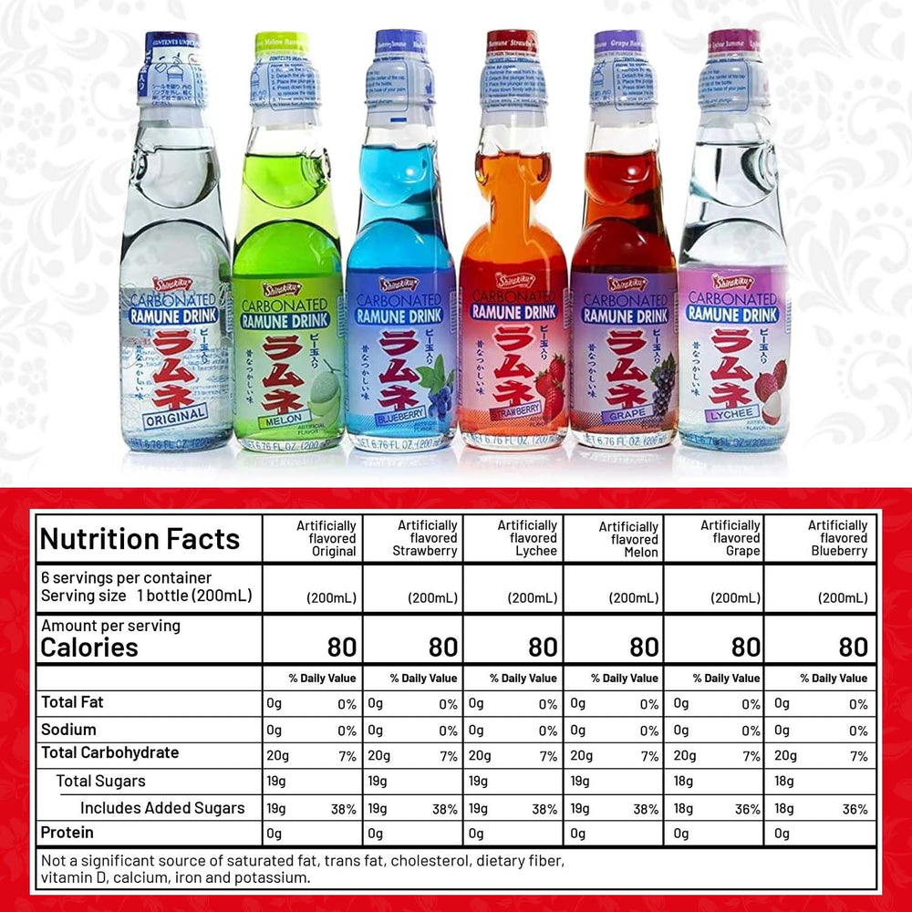 Close-up of Shirakiku Ramune glass bottles highlighting crisp carbonation.