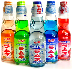 Shirakiku Ramune variety pack glass bottles with five flavors for a refreshing decaf tasting experience.