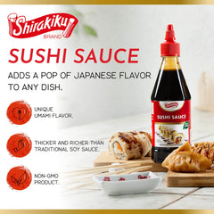 Shirakiku sushi sauce drizzle over sushi rolls