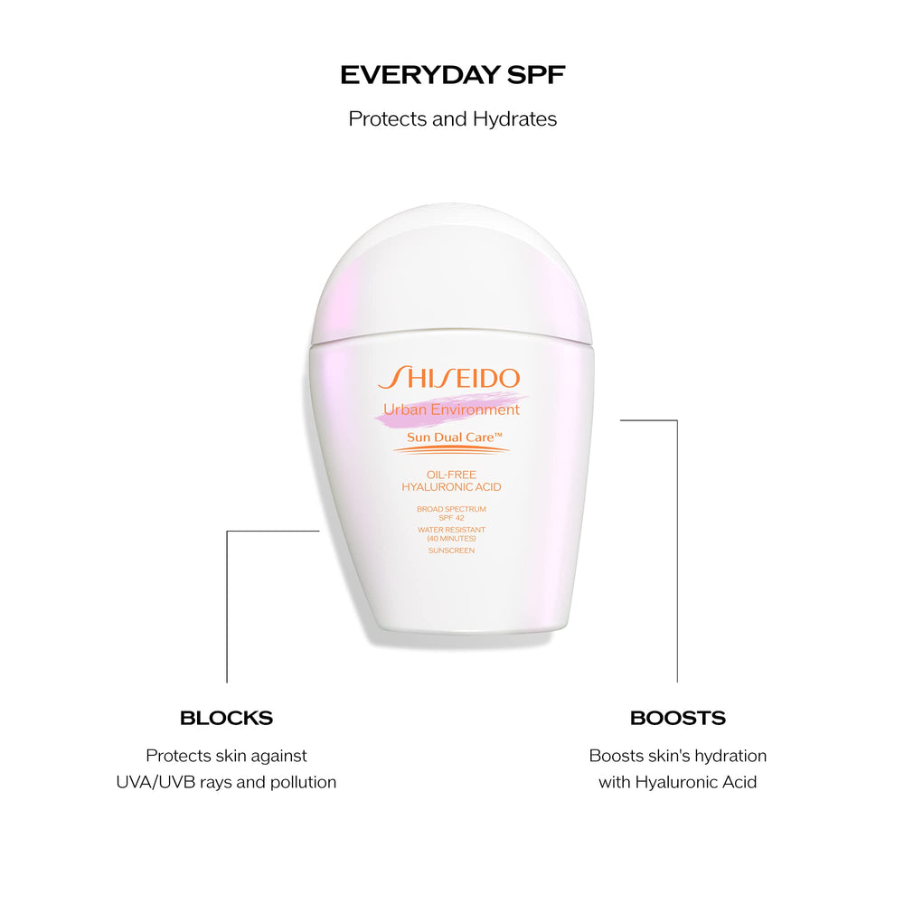 Urban protection from UVA/UVB and pollution with Shiseido Urban Environment Sunscreen SPF 42.