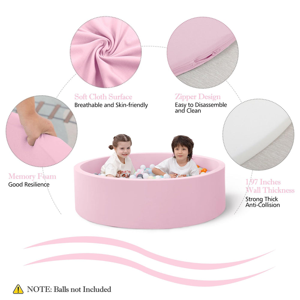 SHJADE pink ball pit side view highlighting skin-friendly fabric for gentle play.