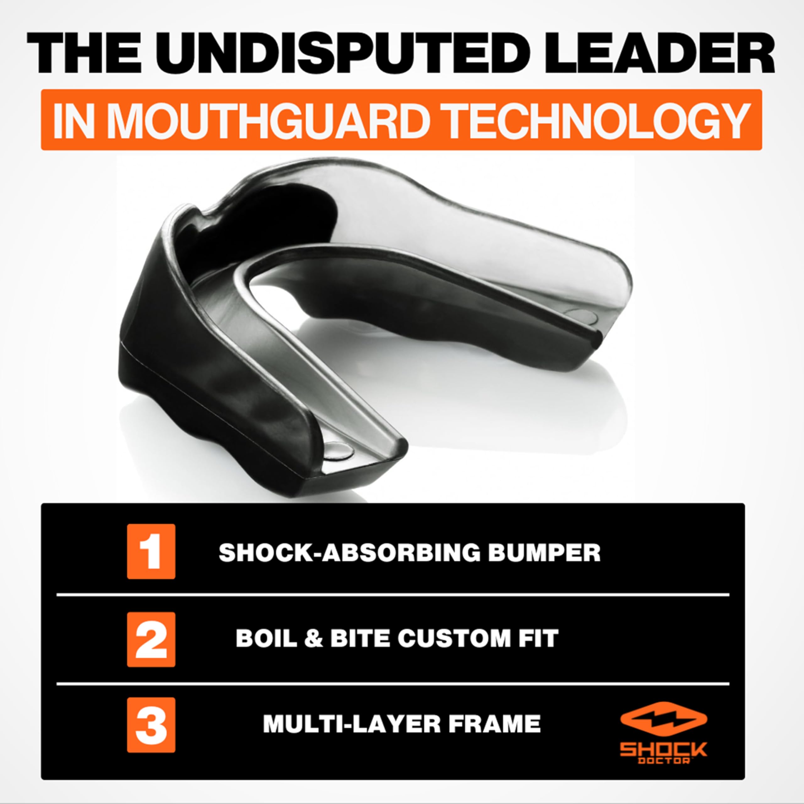 Shock Doctor Pro Mouth Guard shows boil-and-bite fit for a customized seal.